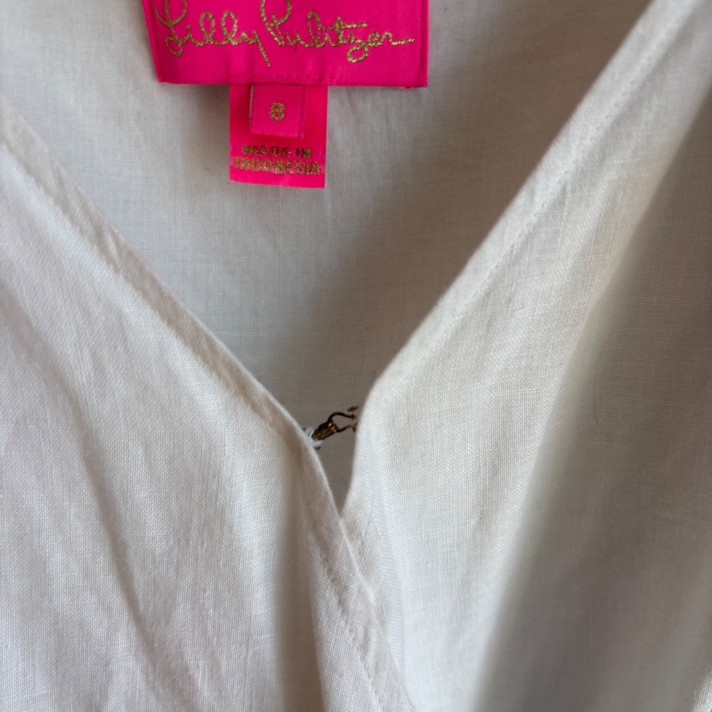 Lilly Pulitzer Dress Womens S White Linen Puff Sleeve Tiered Wrap Mini 013216 - Picture 9 of 11